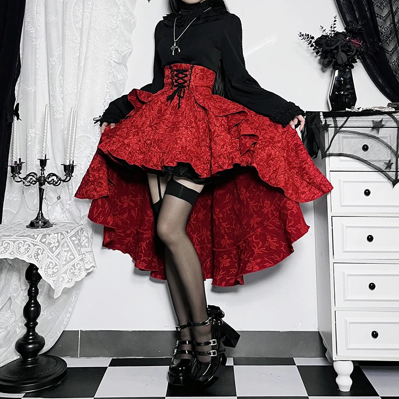 Women's Lolita Style High Waist Trailing Skirt Jacquard Bandage Skirt Red Short Skir