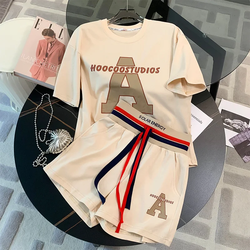 Casual Sports Women\'s Summer 2Pcs Suit Loose Short Sleeve T-shirt And Shorts Sets Fashion Tracksuit Fashion Women Outfits