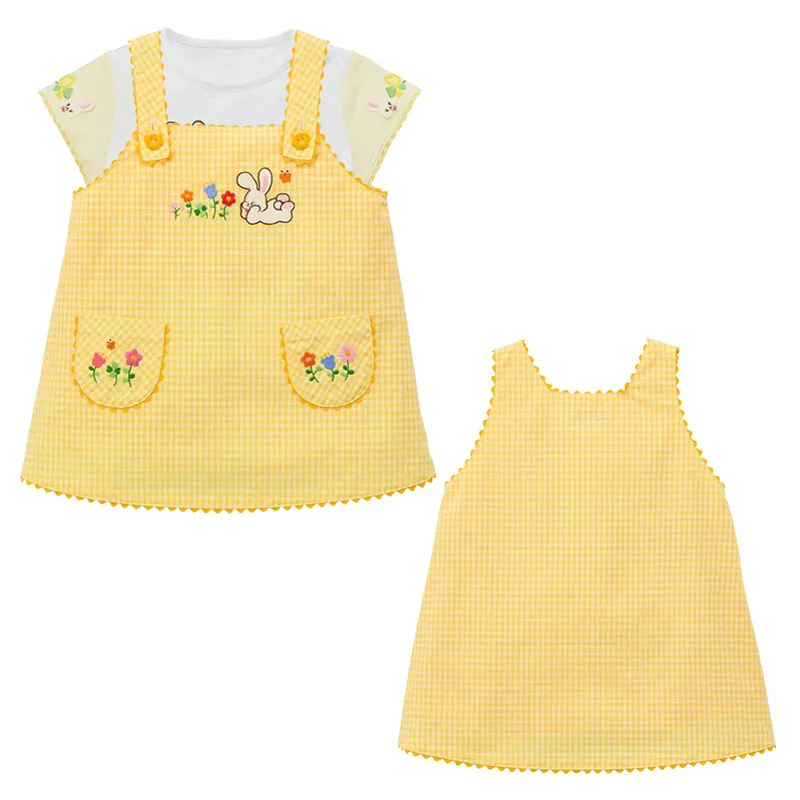 Summer Baby Girls Cute Plaid Suspenders Dress with Cartoon Lucky Rabbit & Flower Embroidery, Toddler A-line Dres