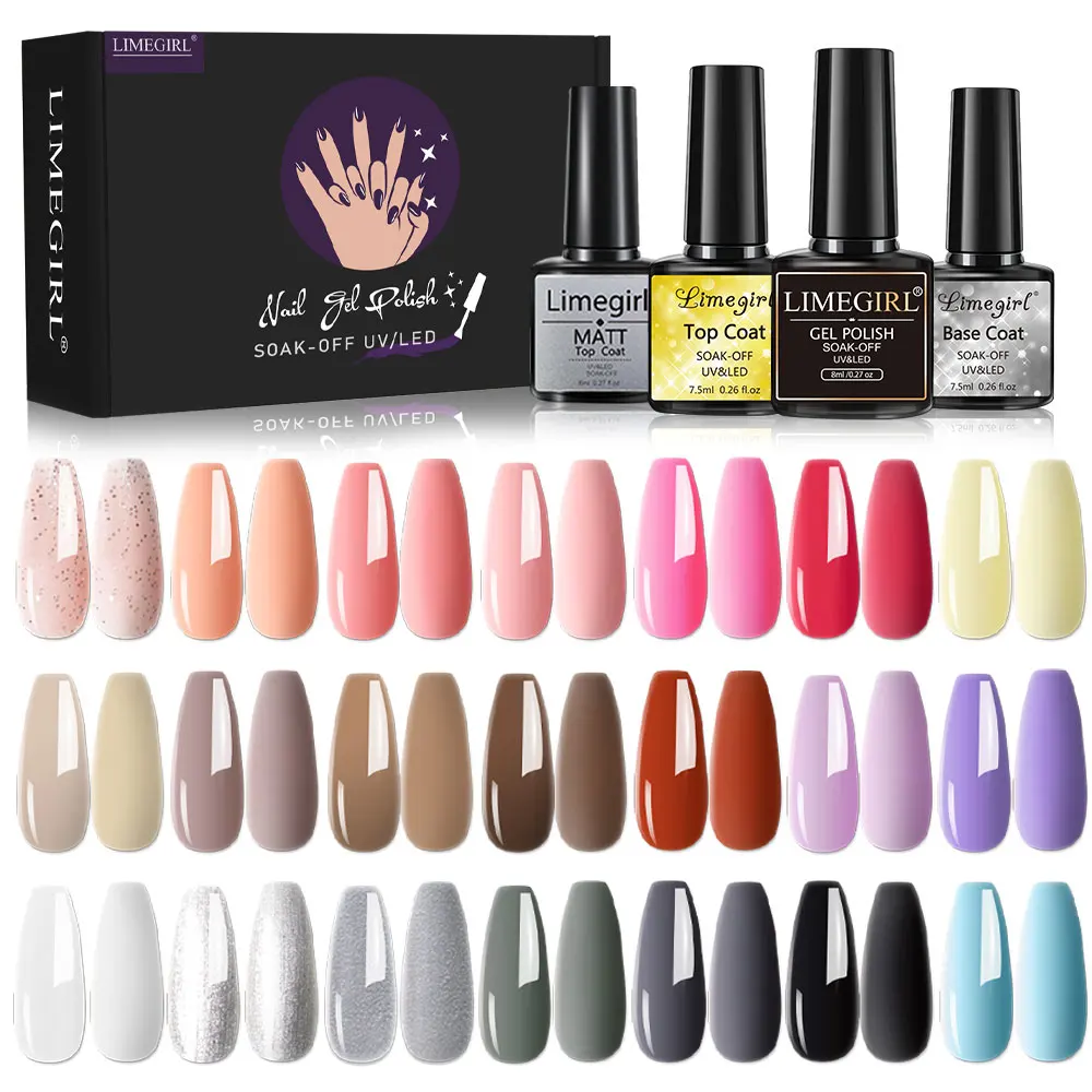 LIMEGIRL 21 PCS Gel Nail Polish Set with Base Glossy and Matte Top Coat UV Gel Soak Off Gel Nail Polish for All Seasons