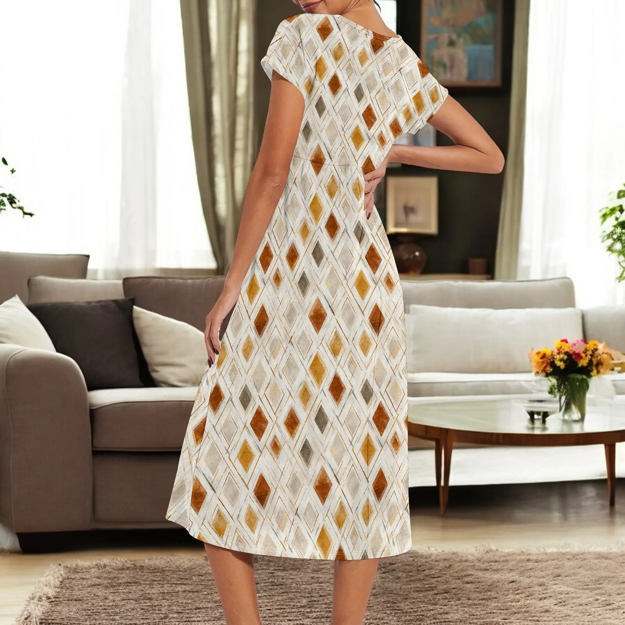 فساتين ماكسي نسائية بوهو ملونة بياقة دائرية وطبعة زهور فستان شاطئ صيفي كاجوال بأكمام قصيرة مع جيوب 2025