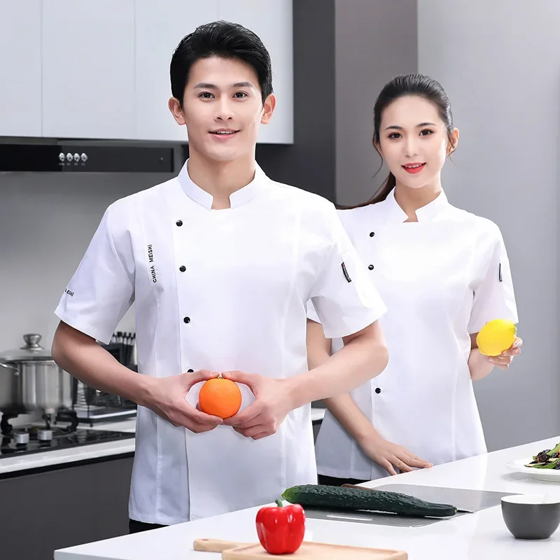 Chef Clothes Uniform Restaurant Kitchen Cooking Short Sleeve Chef Jacket Waiter Work Jackets Chef Uniform for Women Men