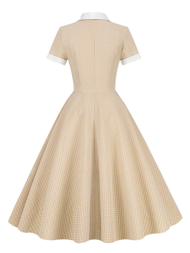 Tonval Shawl Collar Button Up Vintage Robe Plaid Long Dress Evening Elegant for Women Short Sleeve Pockets A-Line Dresses