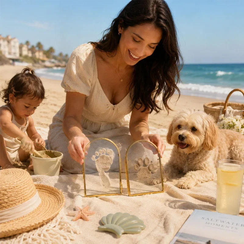 Arched Golden Floating Glass Photo Frame Beach Sand Baby Foot Pet Paw Print Keepsake Ornament Newborn Souvenir Desk Decoration
