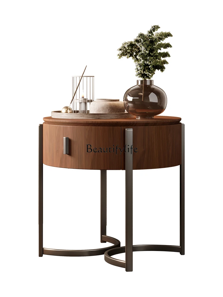 Italian retro style walnut leather veneer round bedside table bedside storage cabinet