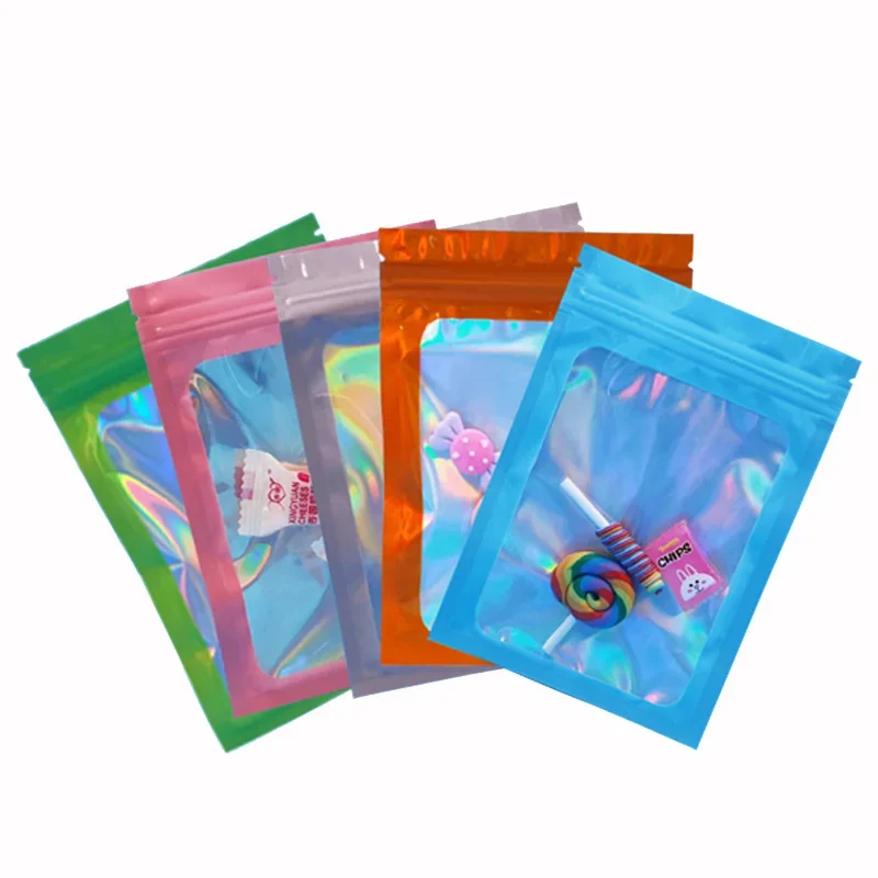 100pcs/lot Laser Mylar Thicken Ziplock Bags Holographic Laser Color Plastic Pouch For Jewelry Retail Storage Pouch Zip Lock Bag