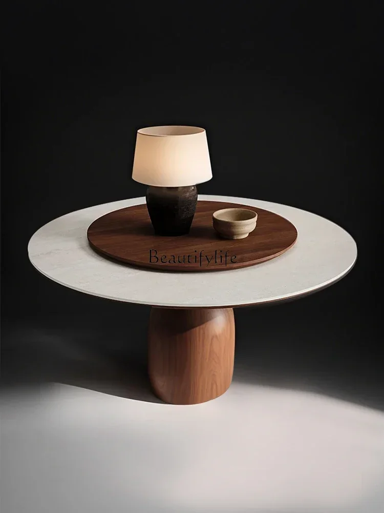 

0 Solid wood rock slab dining table household small apartment with turntable household dining table