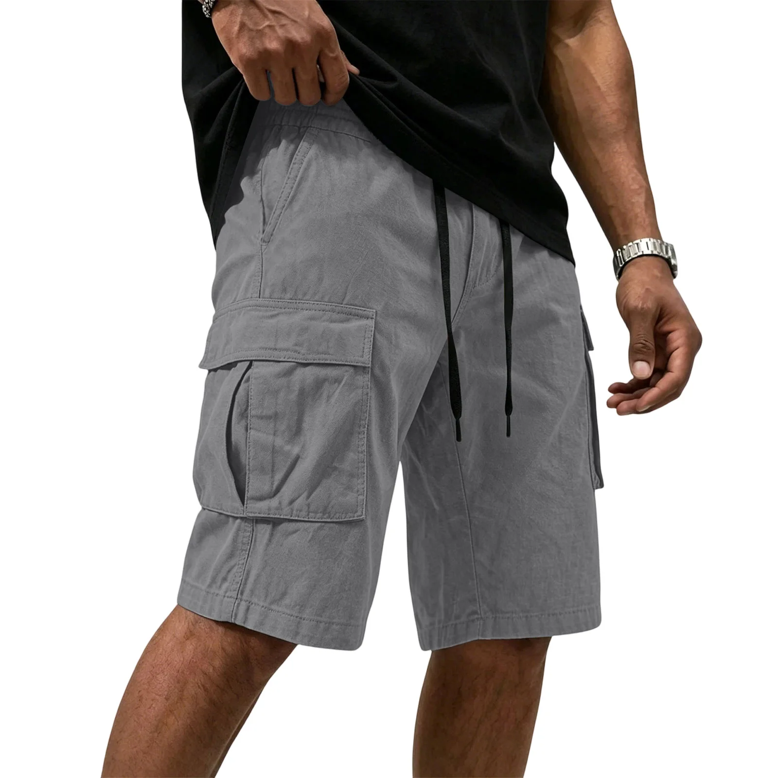 

Men Multi-color Cargo Shorts Summer Loose Drawstring Elastic Waist Multi Pocket Quick Dry Casual Five Point Street Shorts