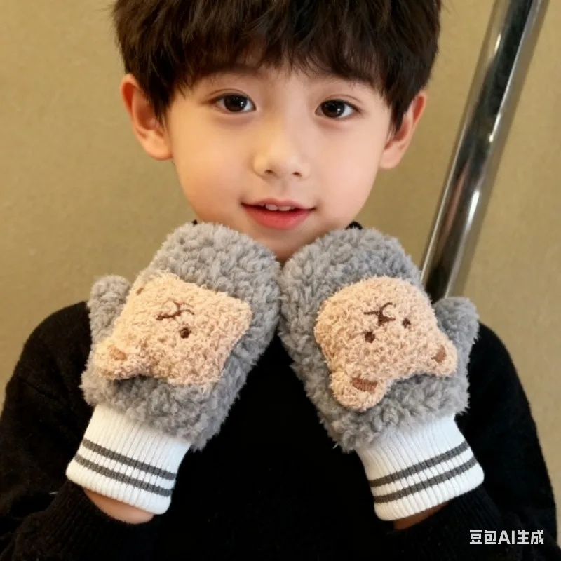 Korean Winter Kids Gloves Warm Fleece Baby Bear Mittens with Neck Strap for 1-3 Years Old Boys Girls Winter Warm Accessories