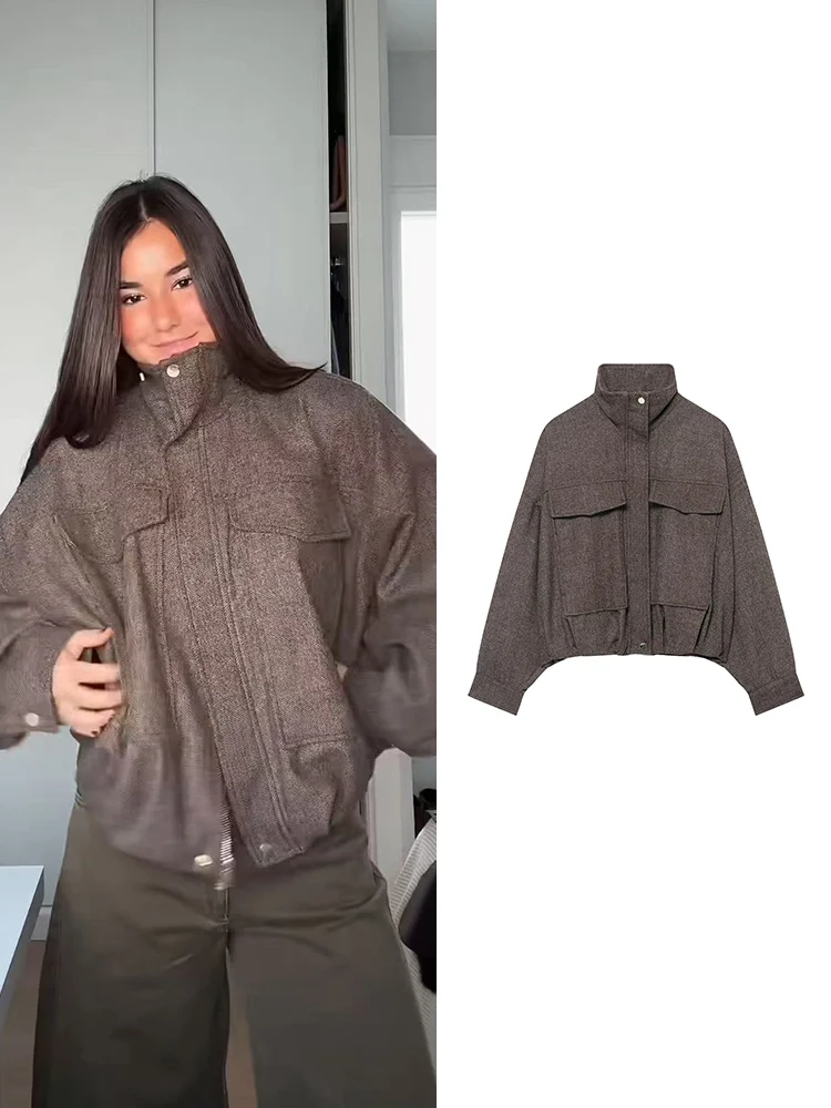 

Женское короткое свободное пальто с воротником-стойкой на молнии и длинными рукавами, карманами, куртка-бомбер, весенне-осенняя женская уличная повседневная верхняя одежда для поездок на работу