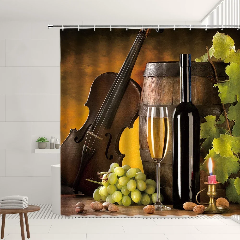 Wooden Wine Barrel Printed Shower Curtain Old Retro Wood Grain Red Wine Glass Bath Curtains with Hooks Bathroom Bathtub Decor