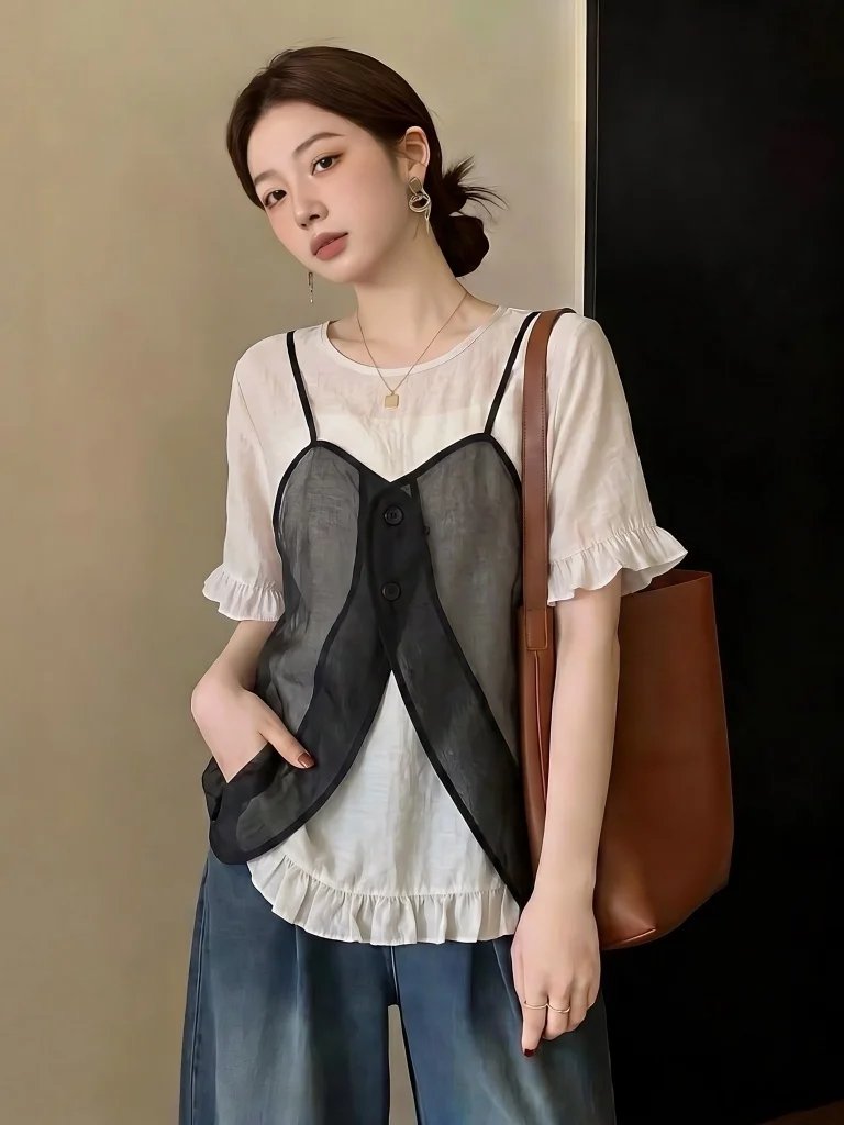 

Ladies Irregular Net Shirt with Flared Sleeves Regular Shoulder Design Summer New Style plus Size Two-piece Set Breathable Sk...