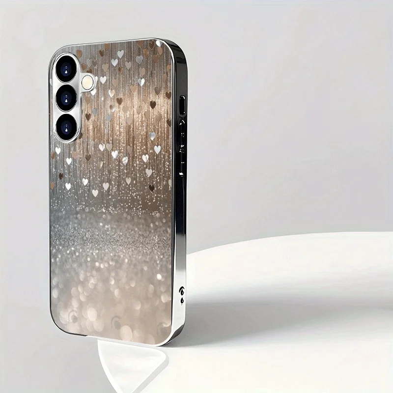 Gold-plated small heart pattern electroplated glass phone case,suitable for Samsung S26/S25/S24/S23/S22/S21/S20 and other models