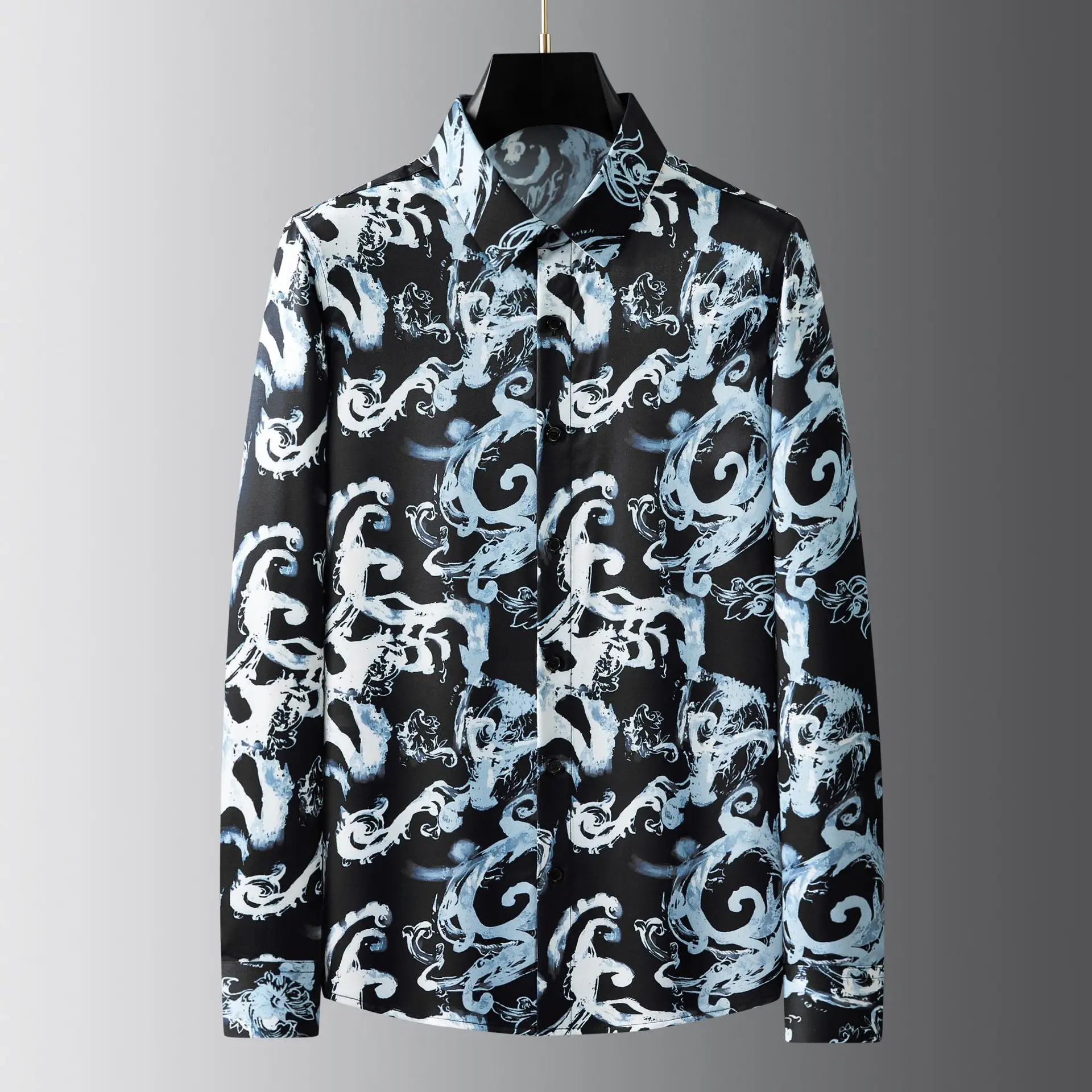 Spring and Autumn New Geometric Digital Printed Men's Long Sleeve Trendy Fashion, Ironless and Wrinkle Resistant Shirt