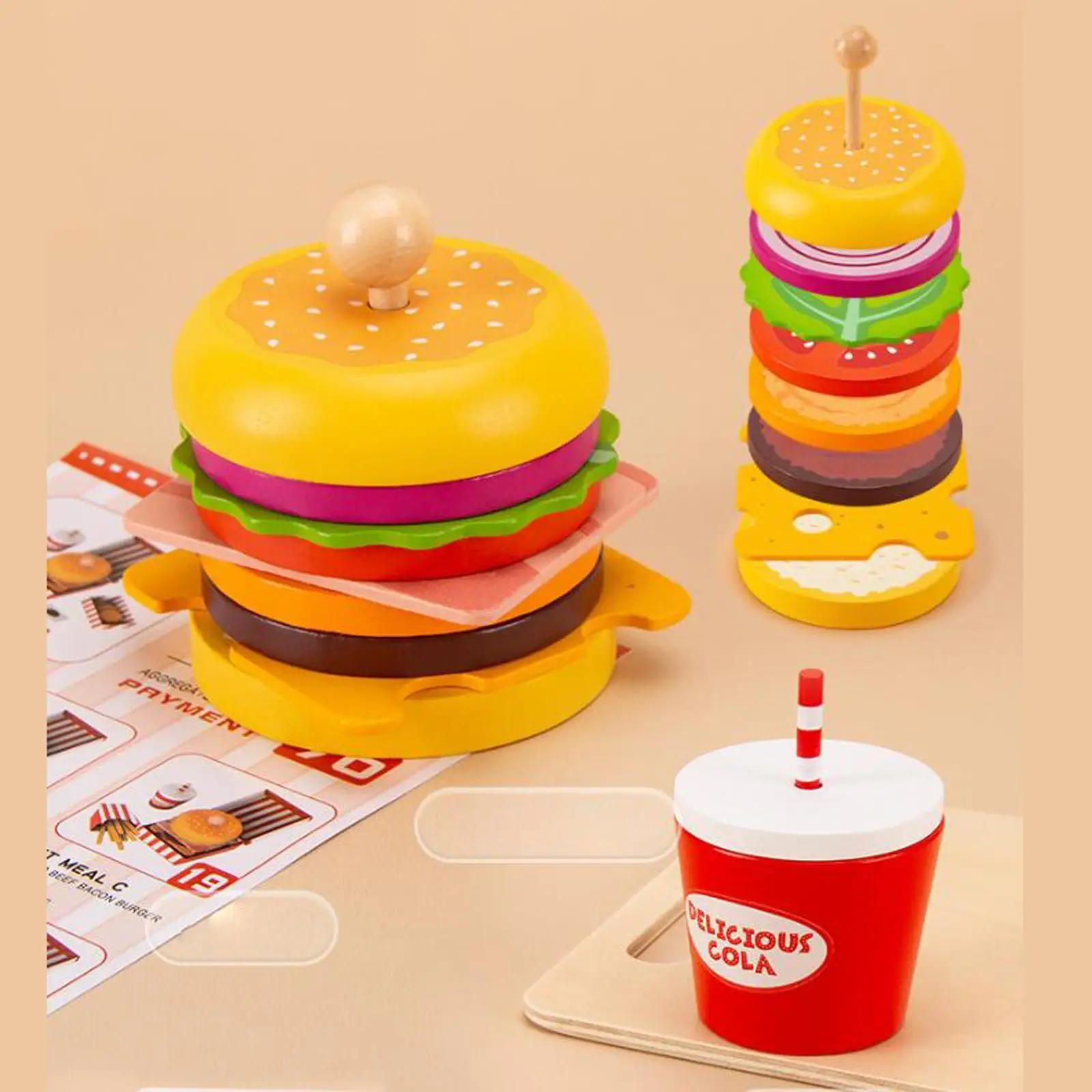 Wooden Stacking Burger Toy Play Montessori Toy for Girls 3+ Years Old Baby