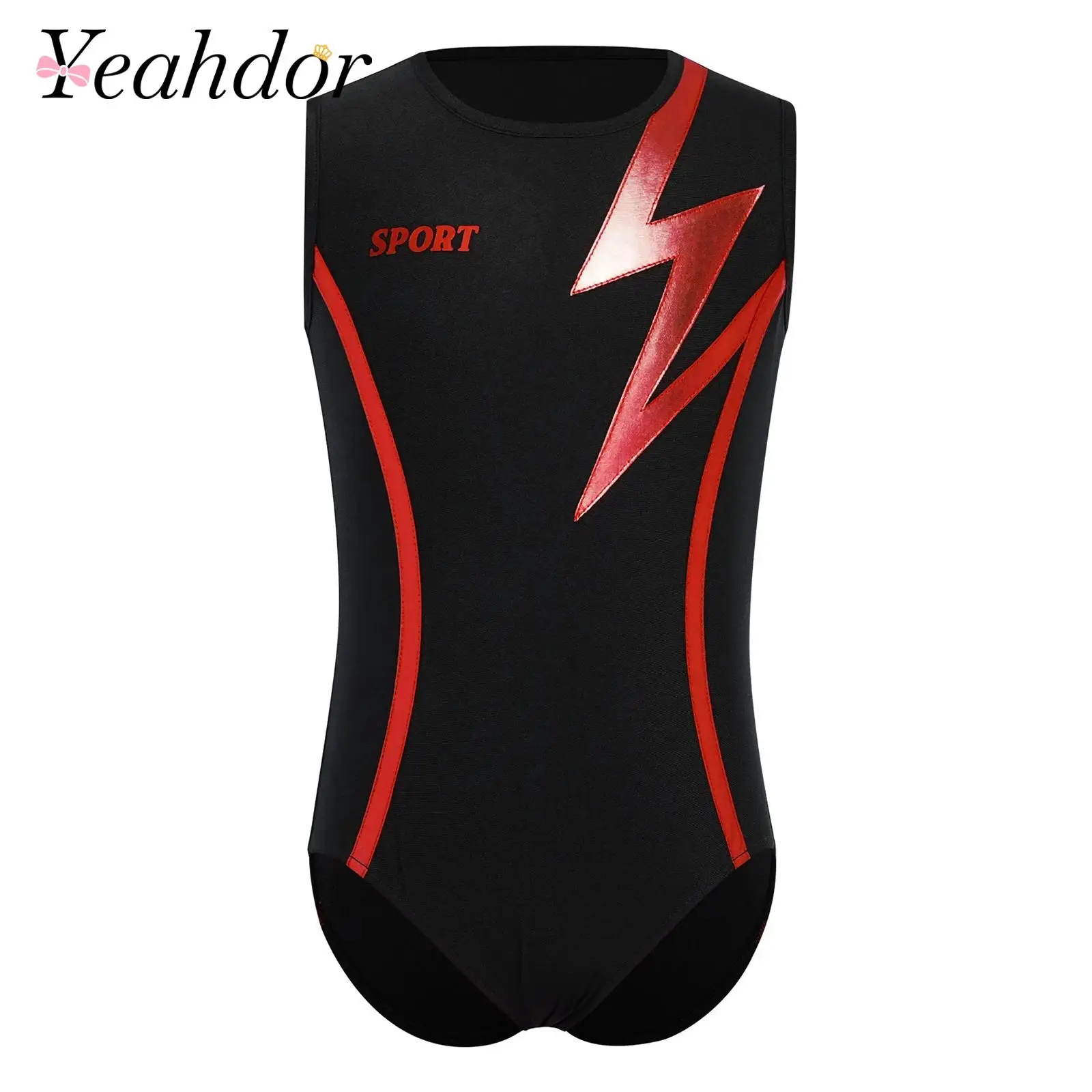 Kids Boys Bodysuits Gymnastics Skating Outfit Metallic Contrast Color Fitness Gymnastic Leotard Boy's Sleeveless Sports Bodysuit