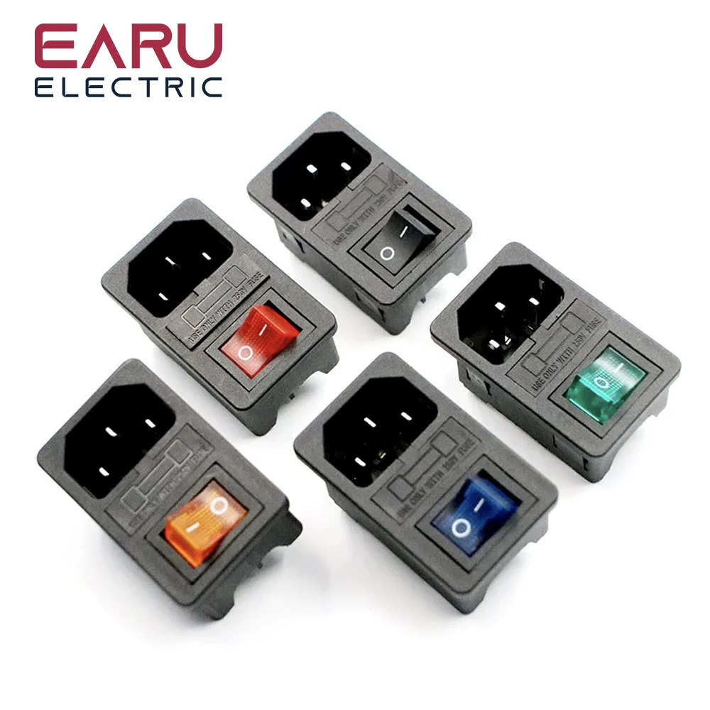 With 10A Fuse! Red Rocker Switch Fused IEC320 C14 Inlet Power Socket Fuse Switch Connector Plug Connector Red Green Blue Black