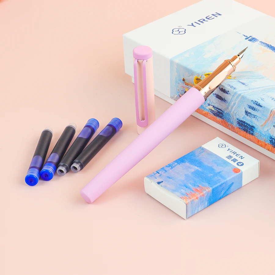 

1 Set Fountain Pen, Oil Painting Theme Style, Pink Pen Body With 4 Blue Ink Cartridges, Suitable For Gifting.