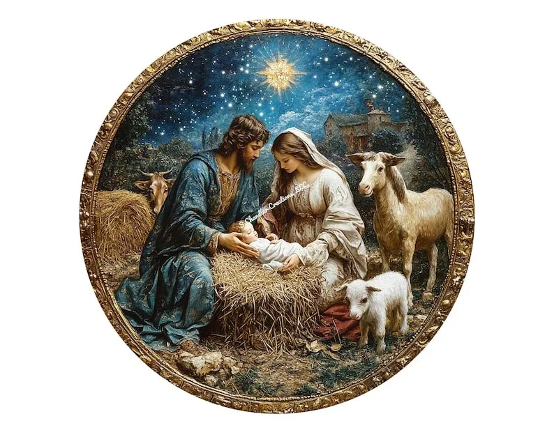 Nativity Wreath Sign: Manger Scene, Christmas Tin Metal Signs Home Décor 8x8