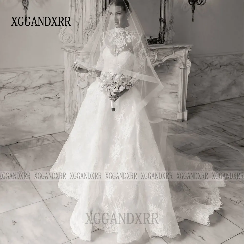XGGandXRR Abito da sposa elegante in pizzo con collo alto personalizzato Abito da sposa a maniche lunghe per donna Abito da sposa a trapezio lungo fino al pavimento