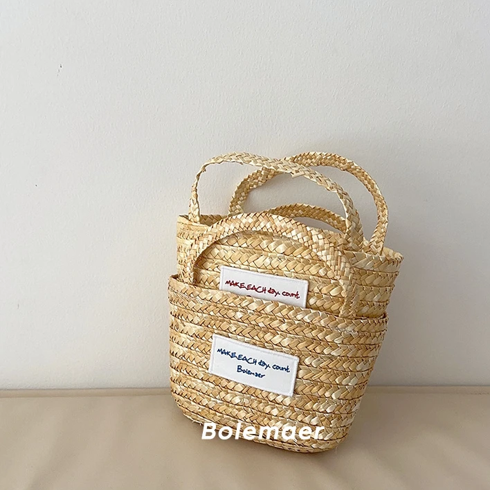 2025 Summer Kids Bag with Label Girl Handheld Vegetable Basket Straw Bag Children's Baby Crossbody Accessories Zero Wallet