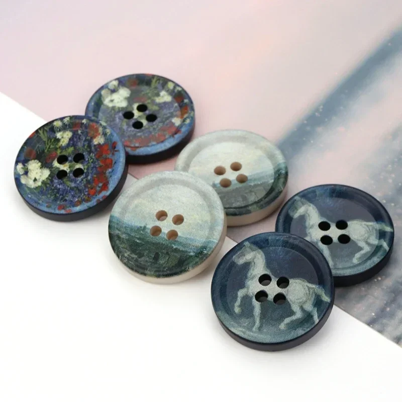 10Pcs Oil Painting Style Resin DIY Buttons for Clothing Four Eye Button Overcoat Suit Decoration Sewing Accessory