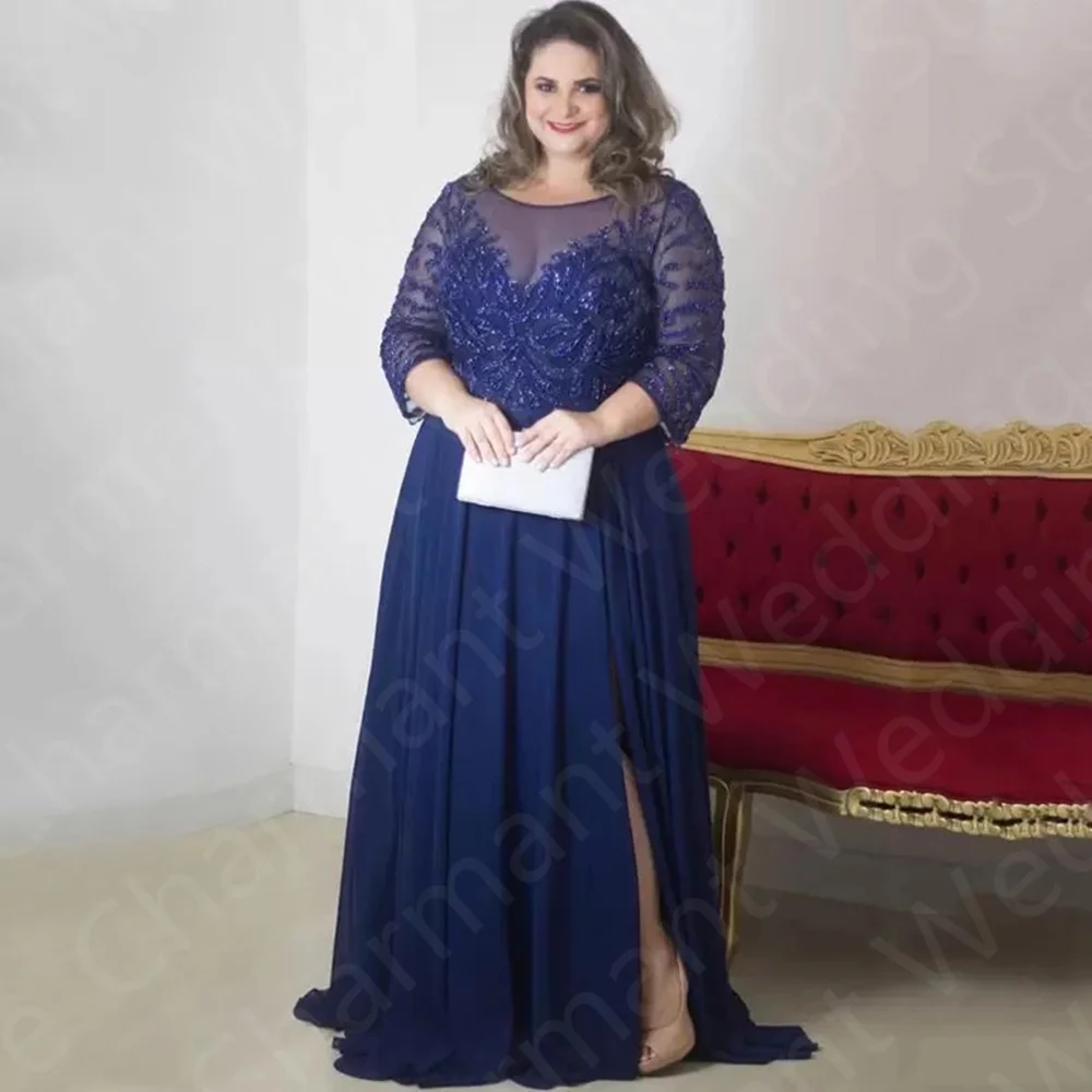 Robe mère de la mariée bleu marine, grande taille, quelle que soit la fente latérale, manches 2024, robes d'invité de mariage, 3/4