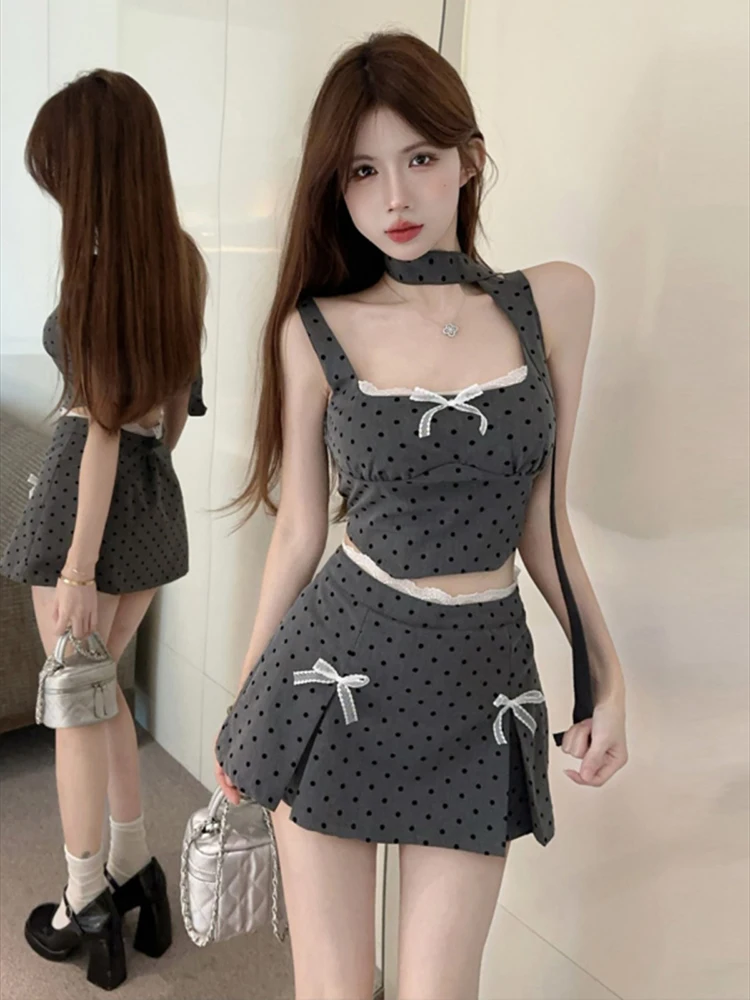 

Y2k Chic French Fashion New 2 Piece Set Women Kawaii Sexy Mini Skirt Suit Female Sweet Bow Polka Dot Tops+mini Skirt 2025 Summer