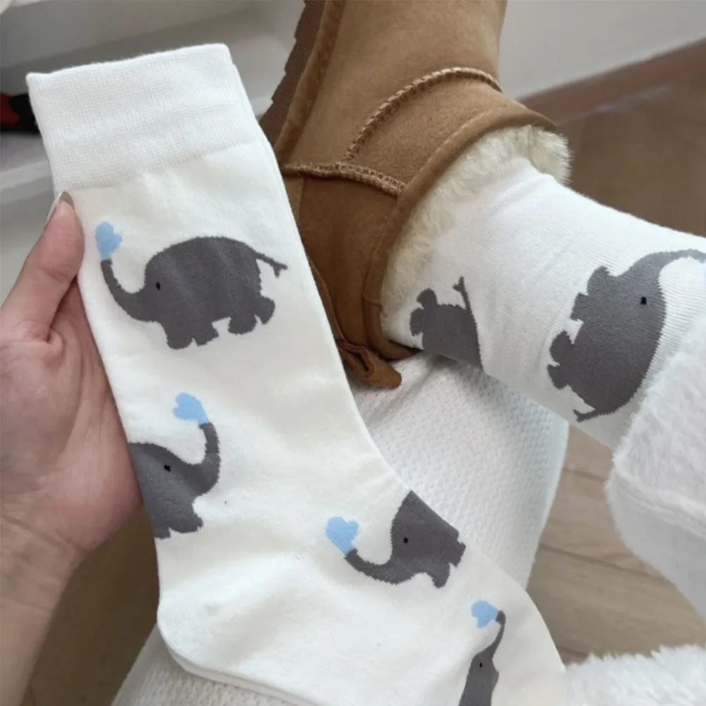 Cute Elephant Socks for Men and Women Japanese Trend Internet Celebrity Cartoon Korean Version Black White Gray Mid Tube Socks