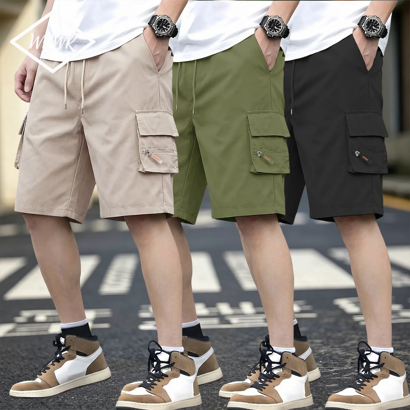 Men Multi-Pocket Elastic Waist Cargo Shorts Loose Fit Breathable Summer Outdoor Hiking Gym Street Work Casual Shorts
