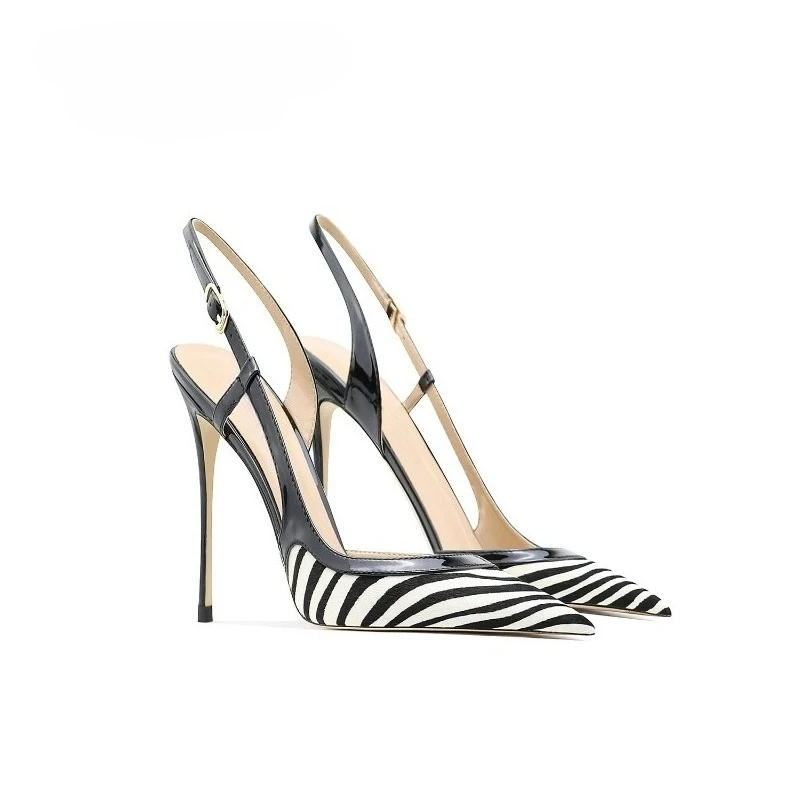 Women Zebra Print Pony Hair Pointed Toe Cutout Back Strap Sandals Thin Stiletto Heel Closed Toe High Heels