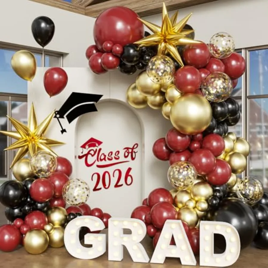 

Burgundy Gold Balloon Arch Kit Graduation Decorations 2026, 130Pcs Burgundy Gold Balloons and Foil Star Balloon with Confetti R