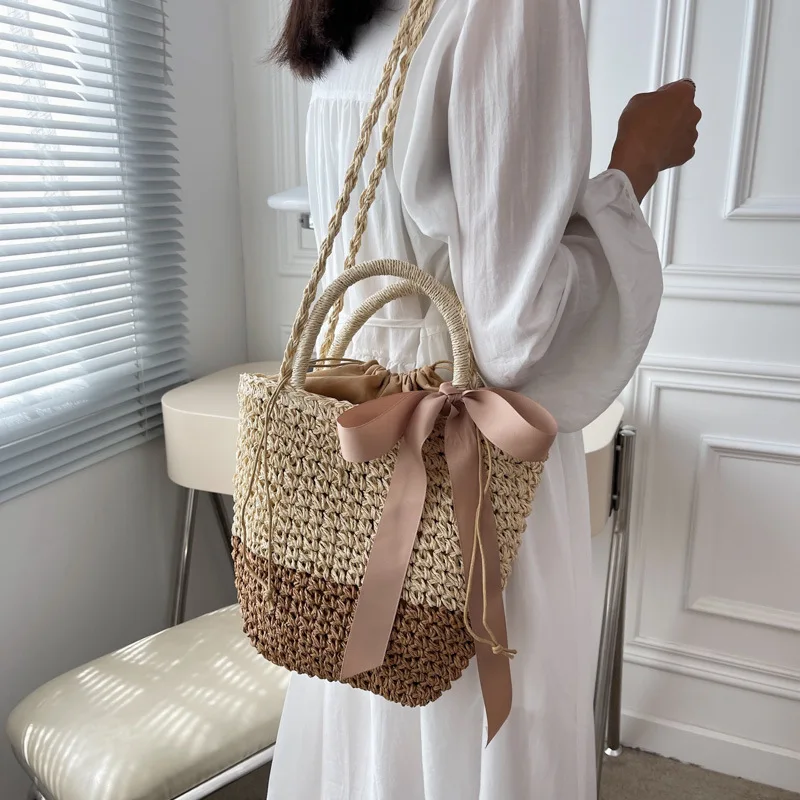 Bow Decors Bucket Shoulder Bags Handmade Straw Hollow out Bag Summer Female Travel Beach Bag Purse Vintage Handbags Bolsa