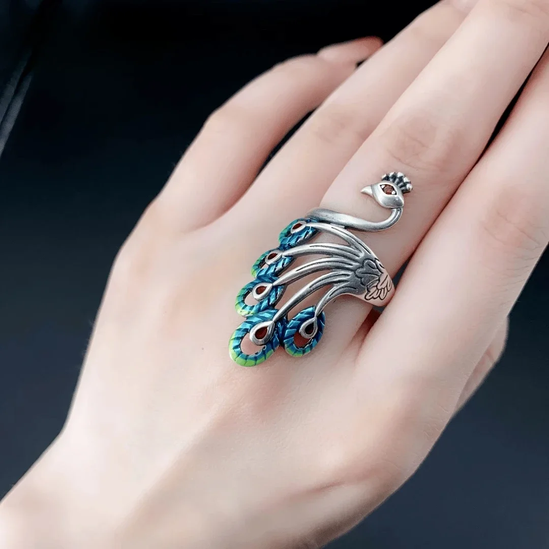 

Серебряное кольцо S925 с изображением феникса, кольцо ручной работы с синим обожженным хвостом феникса.