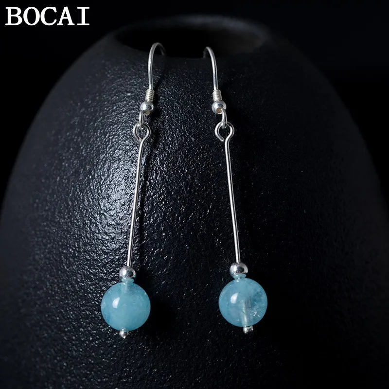 

BOCAI NEW S925 Silver Simple And Fashionable Aquamarine Treasure Jade Strawberry Crystal Earrings