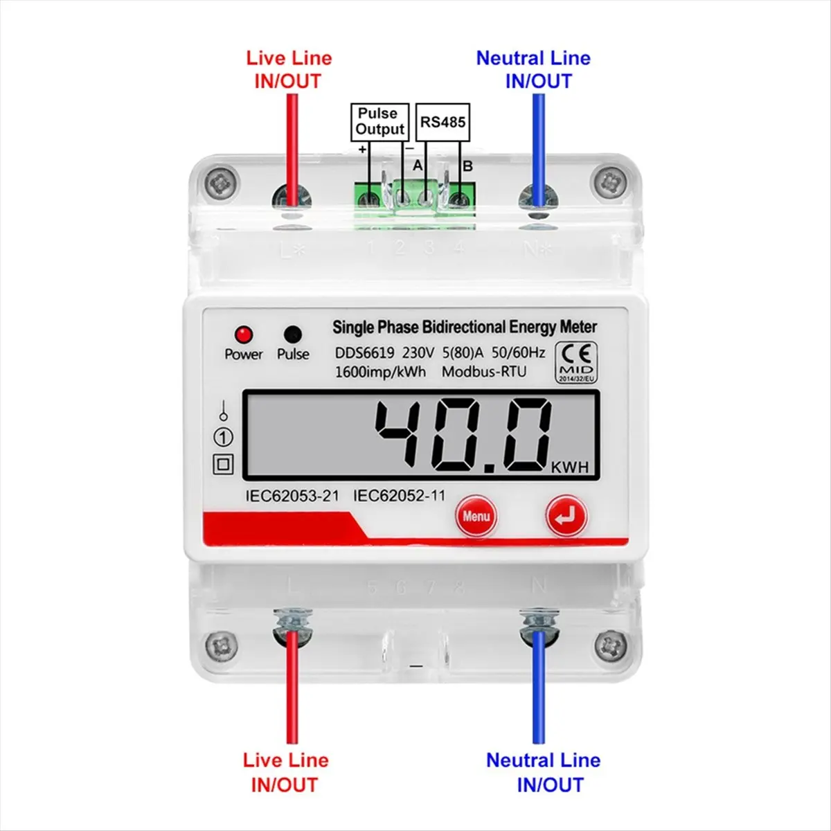 *A99Z AC 230V 4P Single Phase Bidirectional Electricity Energy Meter KWH with RS485 Modbus RTU Communication Power Consumption