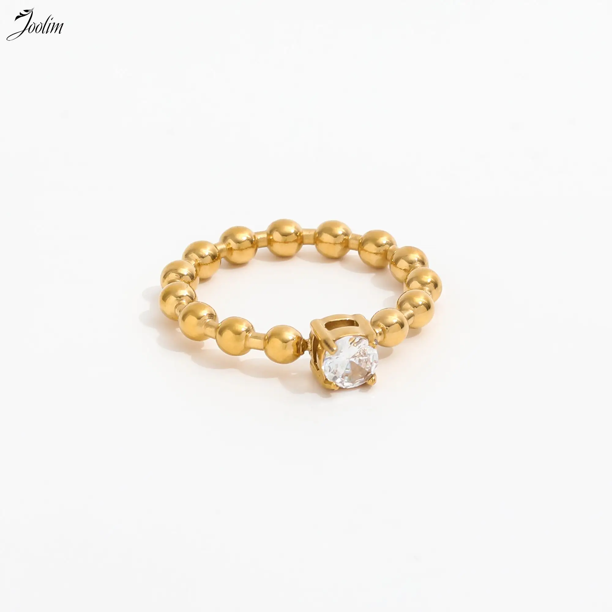 

Joolim Jewelry High End PVD No Fade Fashion Delicate Big Round Beads Pave Square Zirconia Stainless Steel Finger Ring for Women