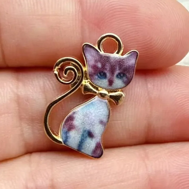 10Pcs Alloy Printed Cute Cat Charms for DIY