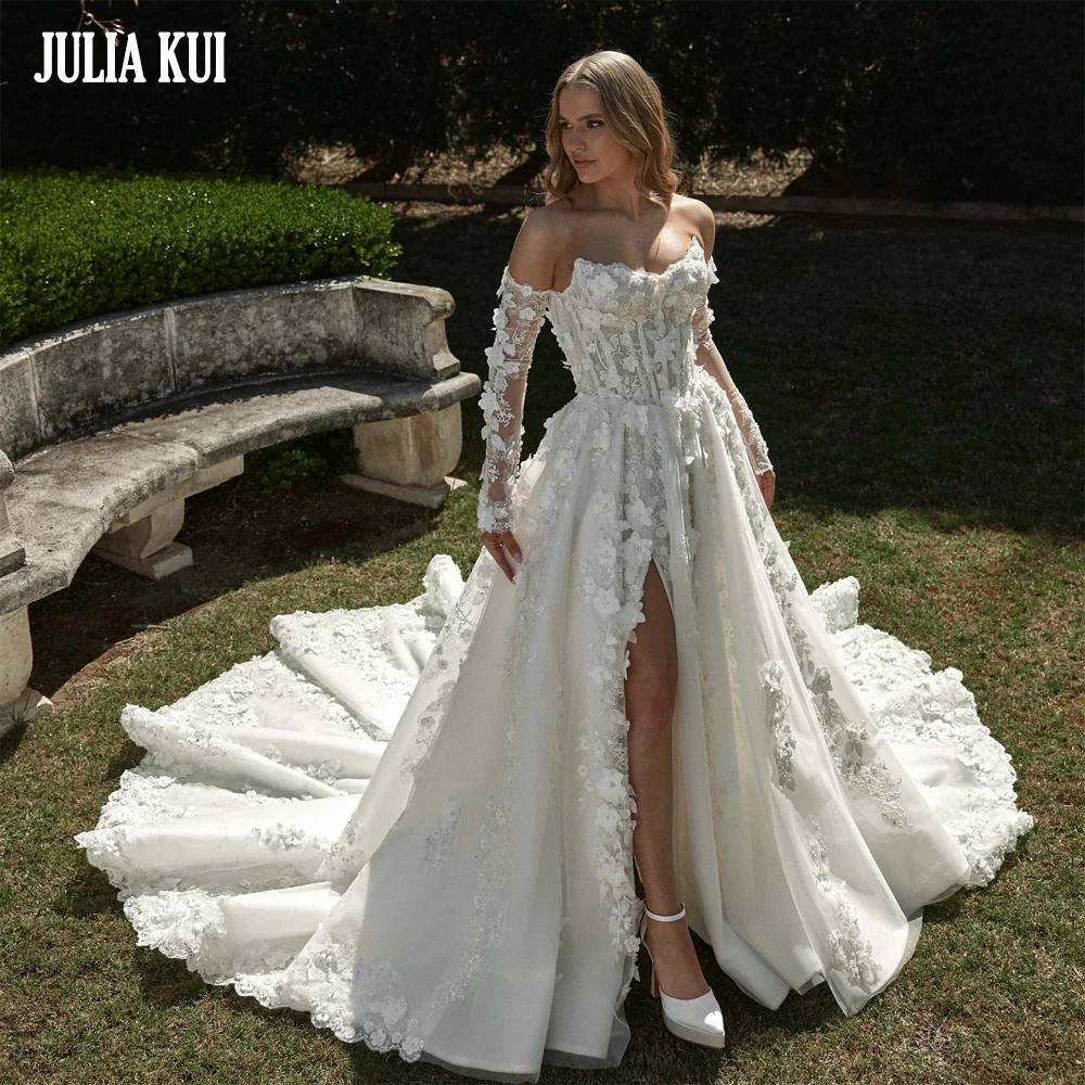 

JULIA KUI Custom Made Beading 3D Flowers A-Line Wedding Dresses Appliques Lace Off Shoulder Full Sleeves Boat Neck Bridal Gowns