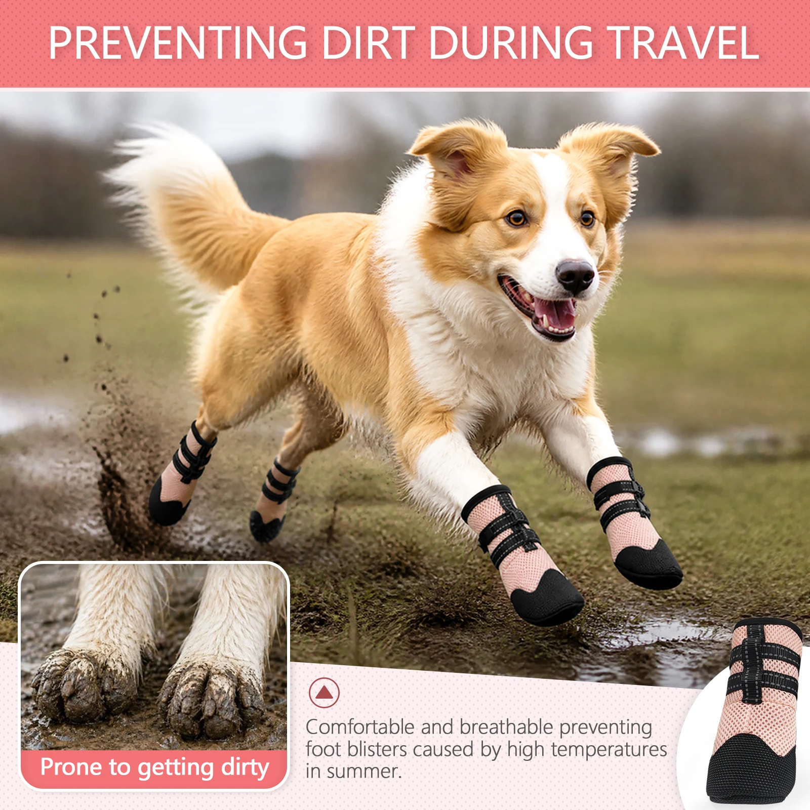4 Stück Hundeschuhe Atmungsaktive Rutschfeste Hundeschuhe Pfotenschutz für Heißen Asphalt Outdoor-Spaziergänge Schmutz- und Insektenschutz – Detail 7