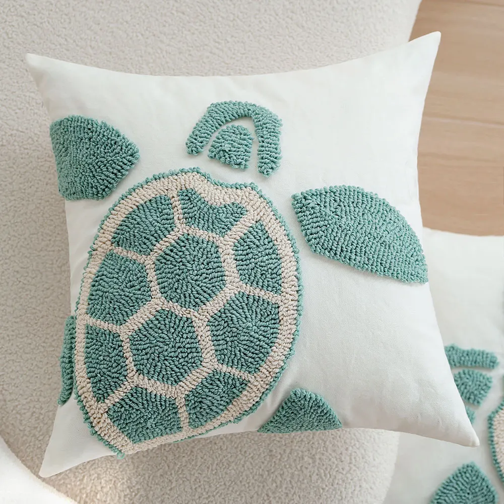 Tufted Sea Animal Throw Pillow Covers 18x18 Inch, Canvas Decorative Cushion Cases For Couch Sofa Bed Living Room Home Decor