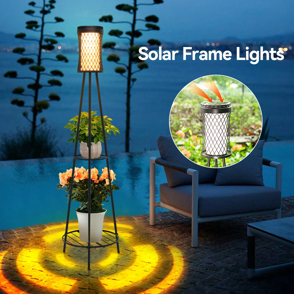 

Solar Power Floor Lamp Outdoor Waterproof LED Dimmable Light Double Layered Plant Stands Floor Lamp For Patio Indoor Decoration