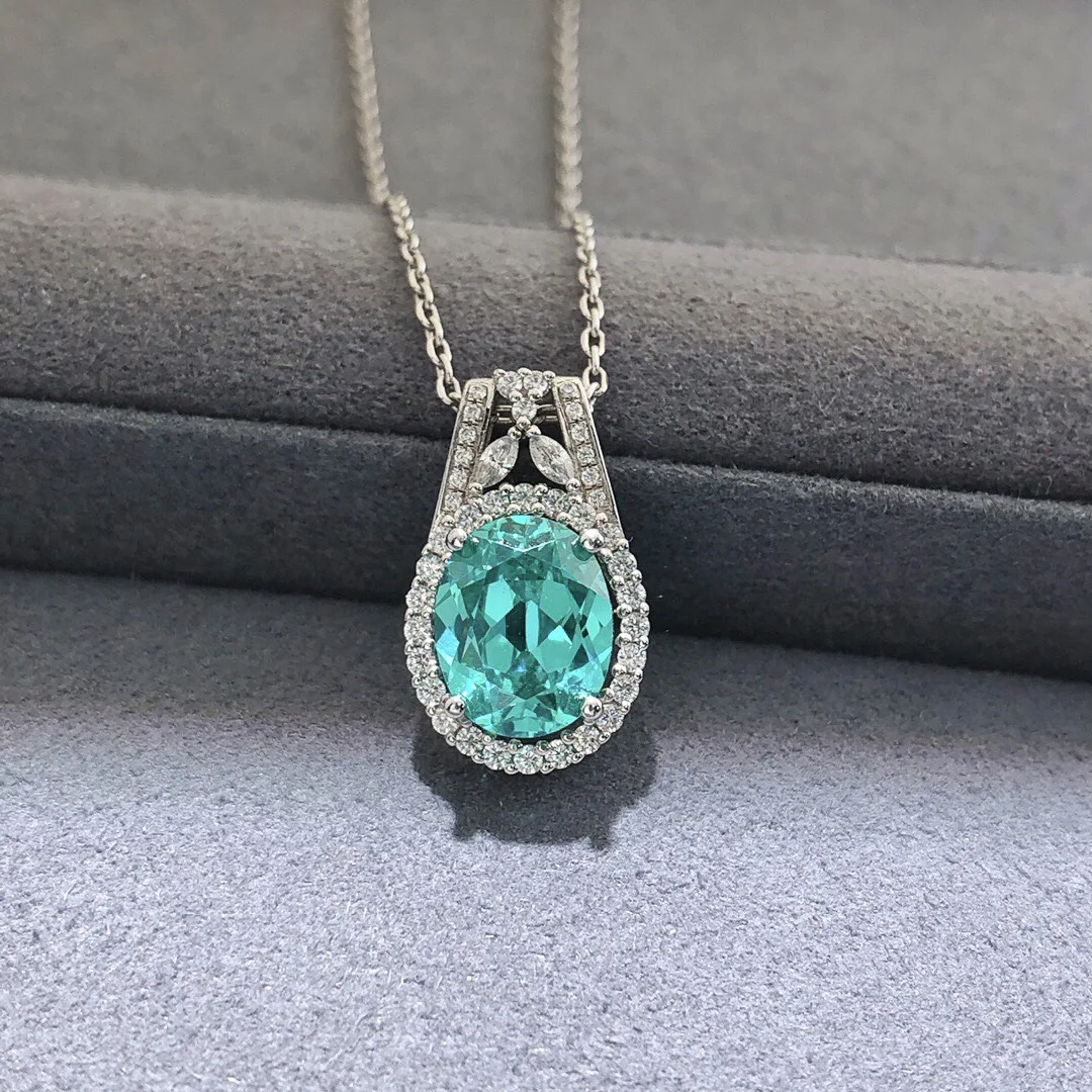 Women's 3 Carat Simulated Diamond Necklace, PT950 Platinum Oval Blue Stone, Dainty Unique Collarbone Jewelry