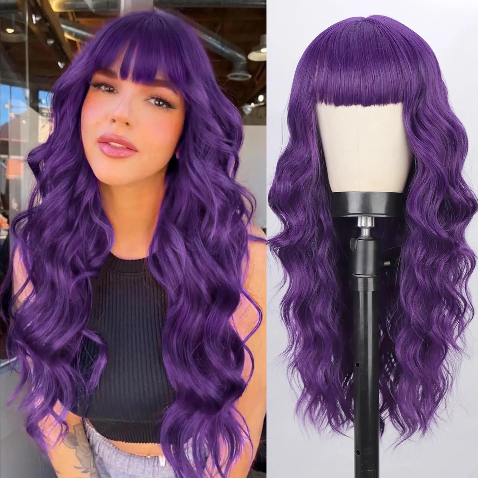 

Purple synthetic wig with long curly hair for Halloween party, Cosplay wig, everyday wig, high-temperature hair accessory