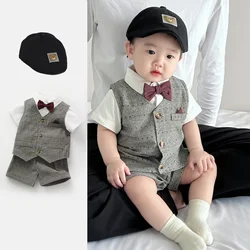 Boys' Suit Summer 4 Pcs Set Short-sleeved Shirt +vest+shorts+tie Bow Toddler 0-2 Year Gentleman's Dress Baby Birthday Banquet