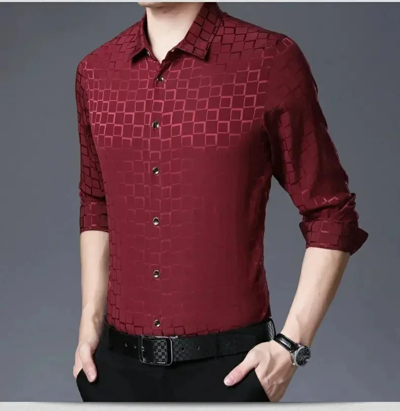 Men's Long Sleeved 92% Mulberry Real Silk Shirts Spring Autumn Business Casual Loose Checked Shirt Clothing Male Chemises