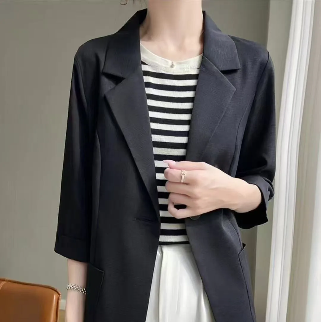 Women's Light Blue 3/4 Sleeve Blazer Notched Lapel One Button Casual Blazer Coat Elegance Minimalist Office Lady Summer Outfit