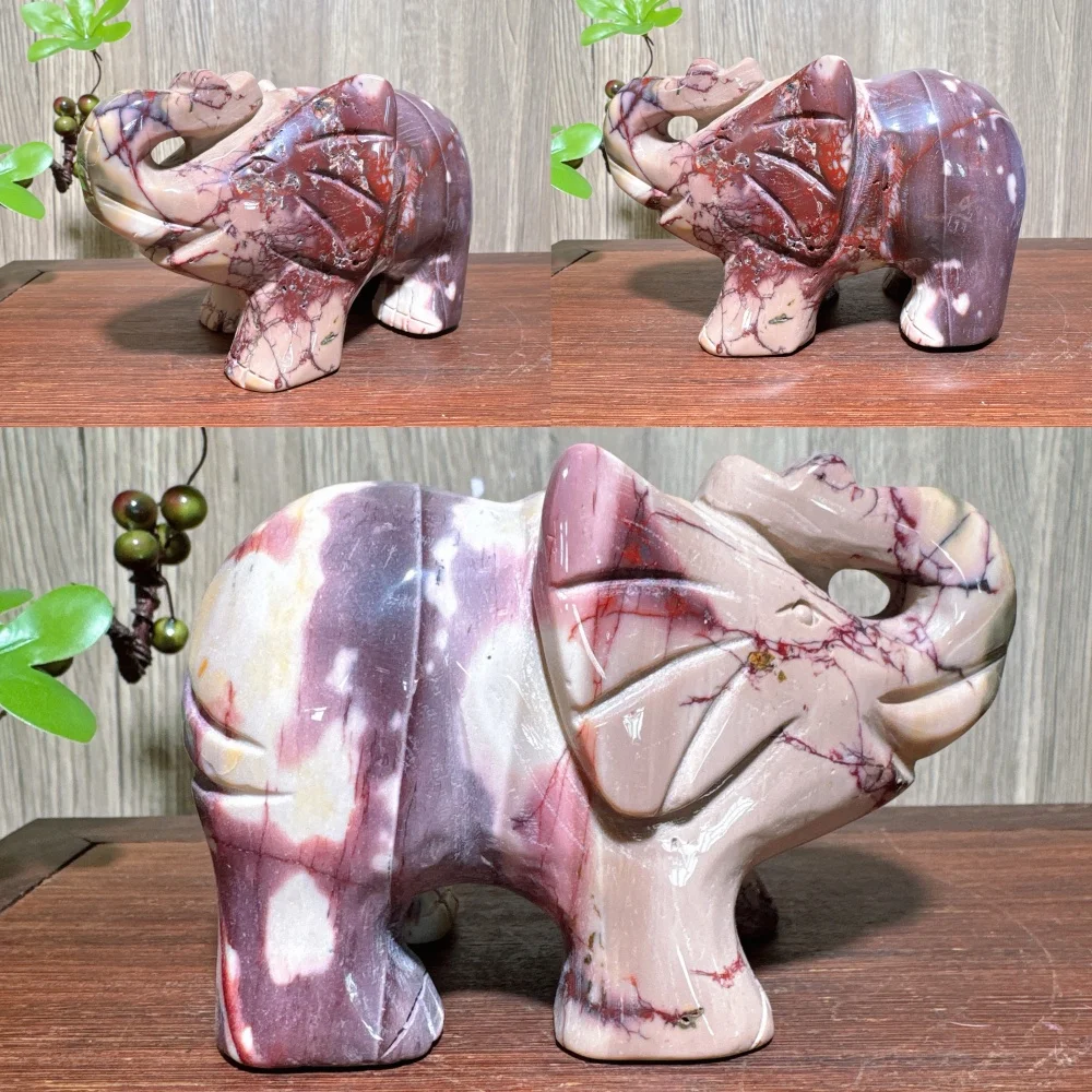 1PC Hand Carved Natural Mookaite Stone Chunky Cute Elephant Animal Carving with Raw Crack Home Decor Healing Crystal Gift