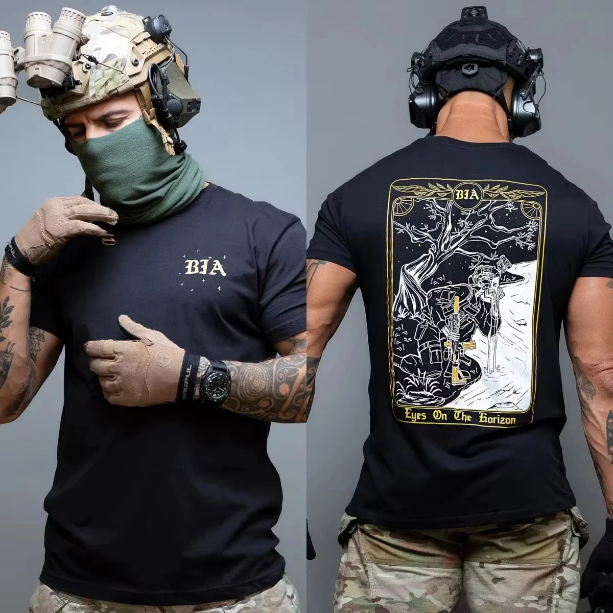 2026 New BIA Oversized Unisex Streetwear T Shirt Eyes On The Horizon Tarot Style Tactical Front Graphic Tee Short Sleeve Tops