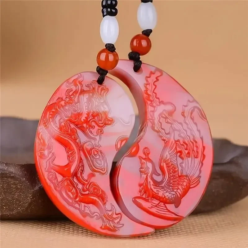 Natural Colorful Jade Hand-carved Chicken Blood Color Dragon and Phoenix Pendant Fashion Boutique Jewelry Couple Necklace Gift